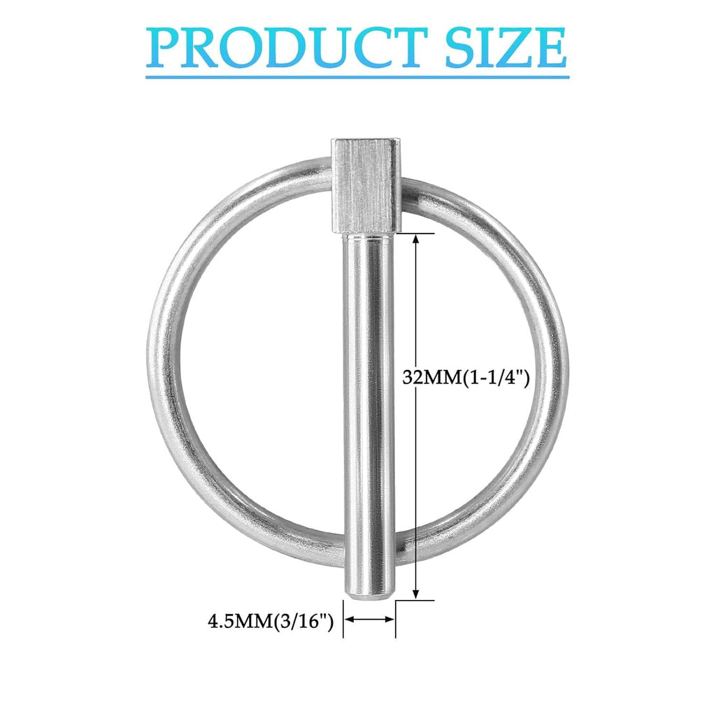Stainless steel lynch pin dimensions shown: loop ring and straight shaft, 3/16 in