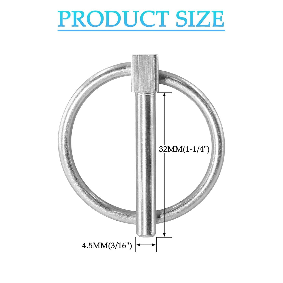 Stainless steel lynch pin dimensions shown: loop ring and straight shaft, 3/16 in