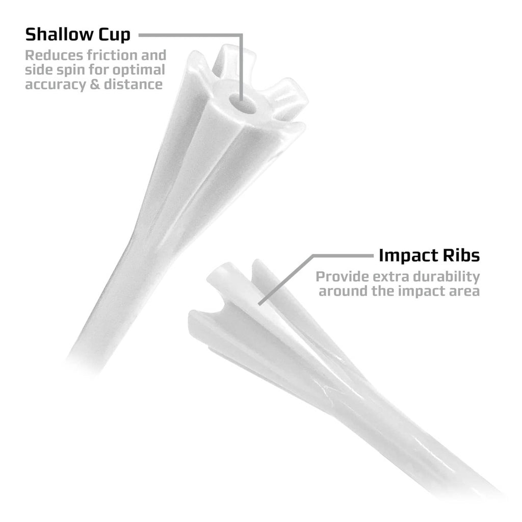 White golf tees showing shallow cup and impact ribs on stem and head