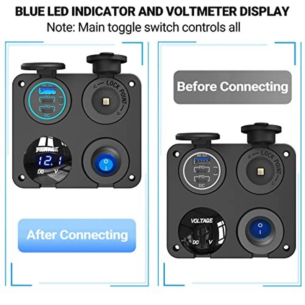 Car USB charger panel with blue LED voltmeter, lock switch, and USB/PD port layout