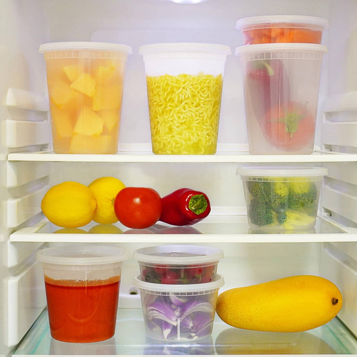 Clear plastic deli containers filled with mixed foods inside refrigerator shelves
