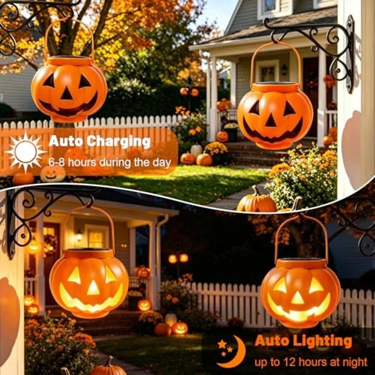 Two orange jack-o'-lantern solar lanterns with cutout faces and loop handles