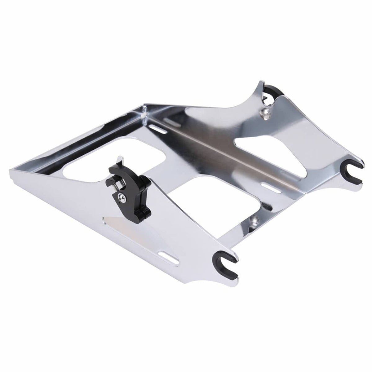 Silver underside view of motorcycle luggage rack bracket with black support latch