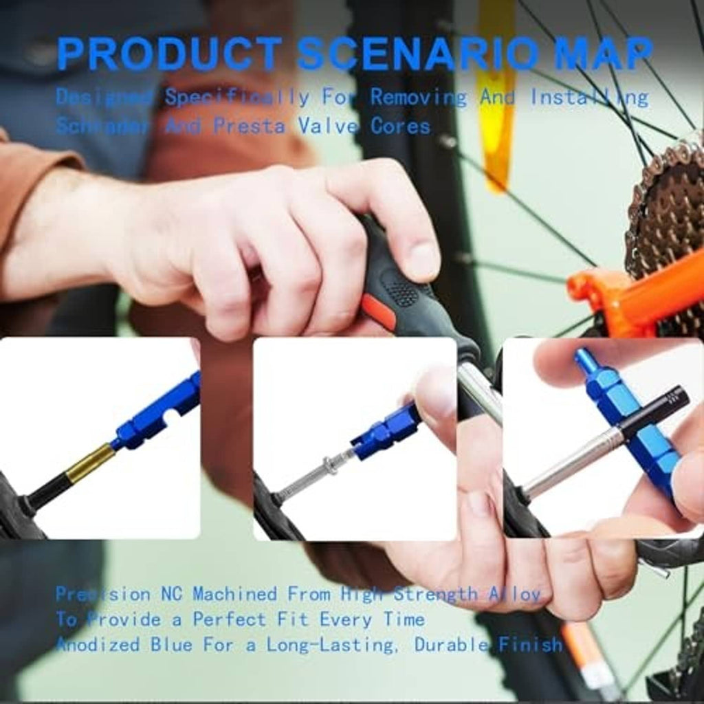 Blue valve core tool with hand-held handle and metal insertion tip
