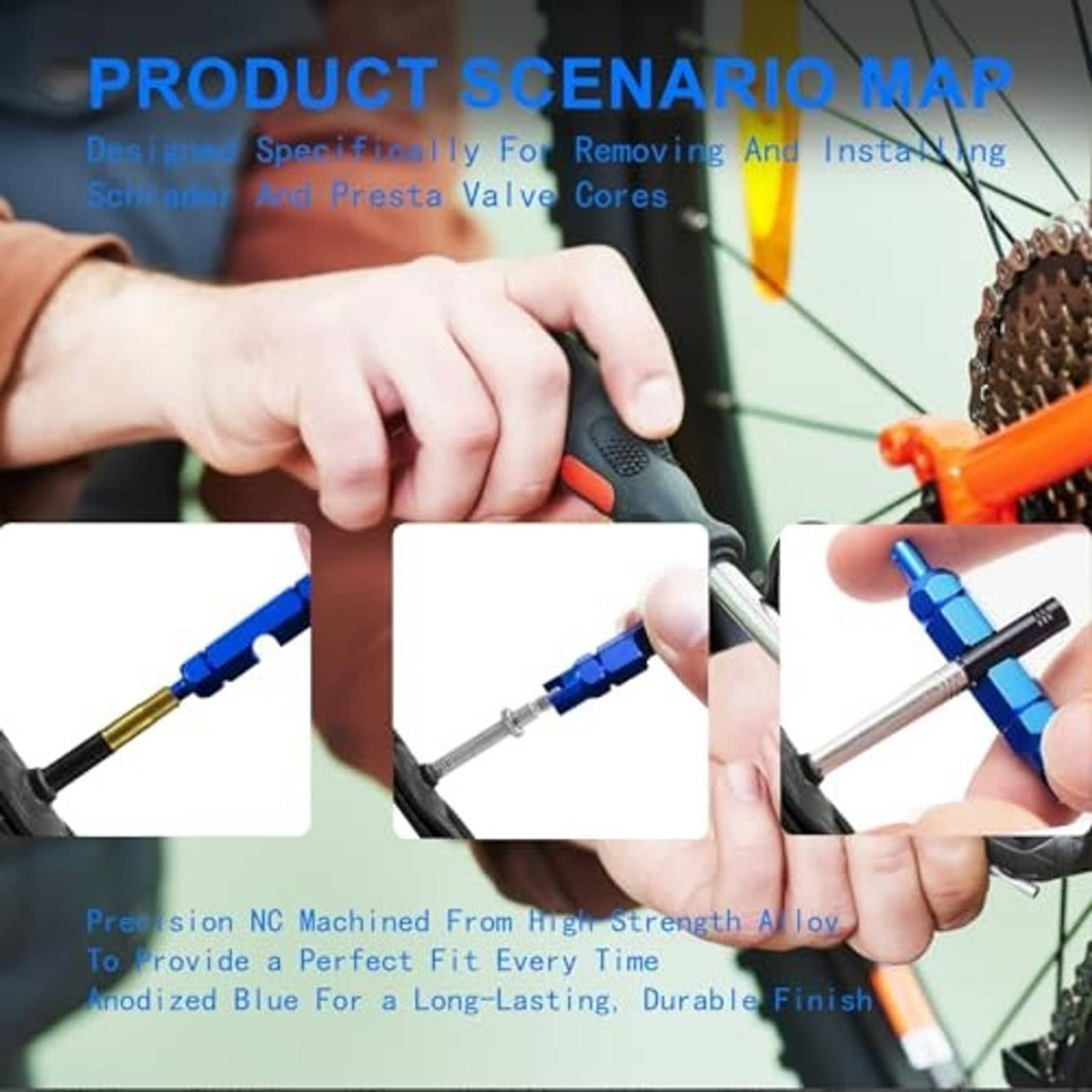 Blue valve core tool with hand-held handle and metal insertion tip