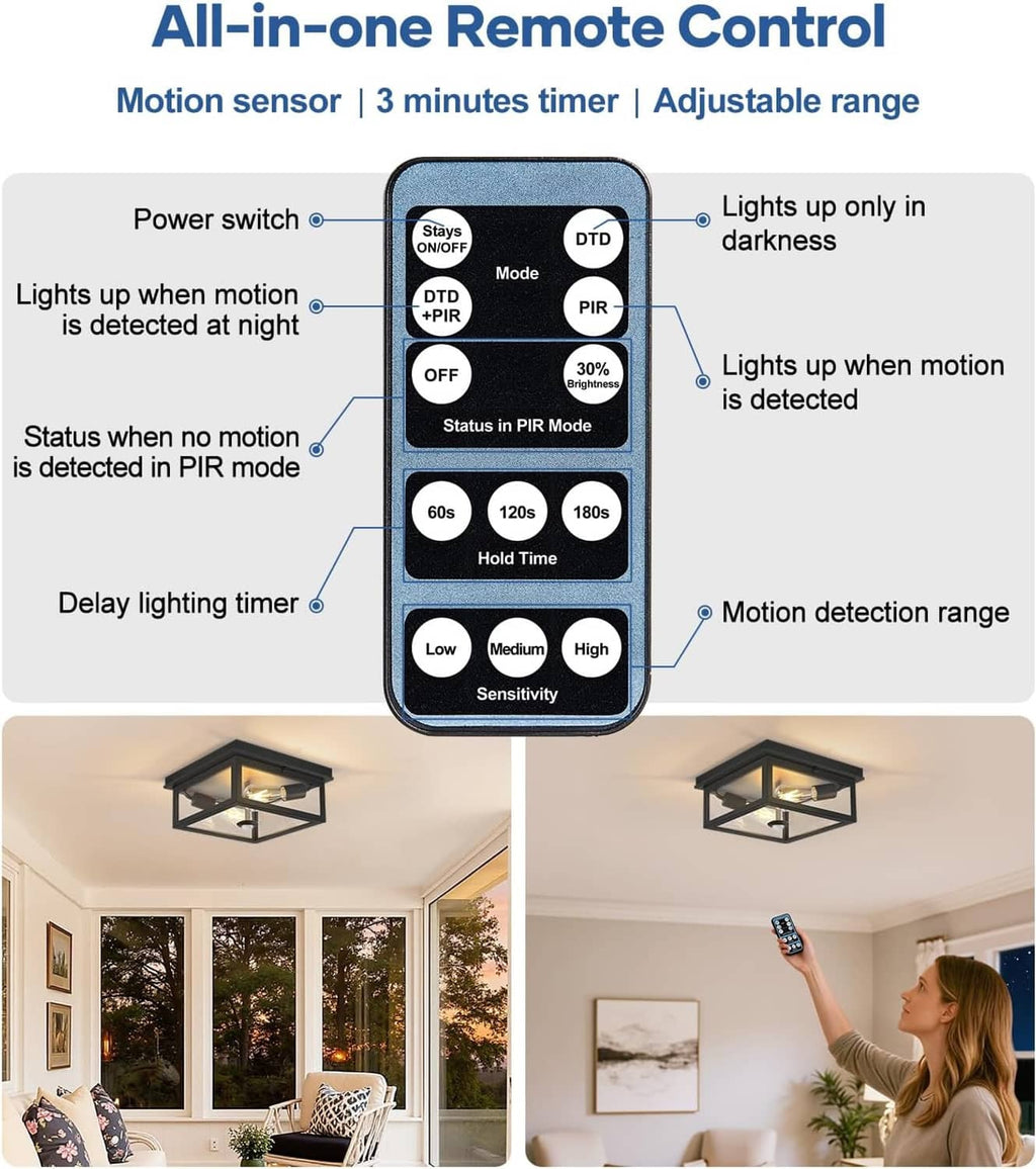 Motion-sensor ceiling light remote control with adjustable range and delay timer.