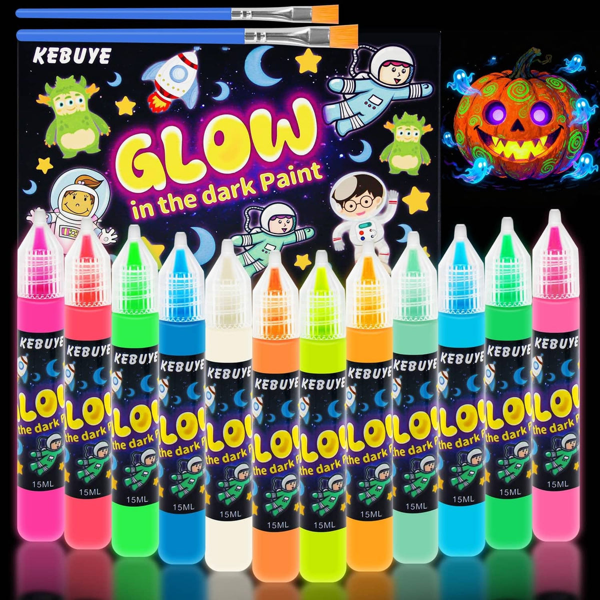 Glow acrylic paint set of 12 squeeze bottles with assorted neon colors in display