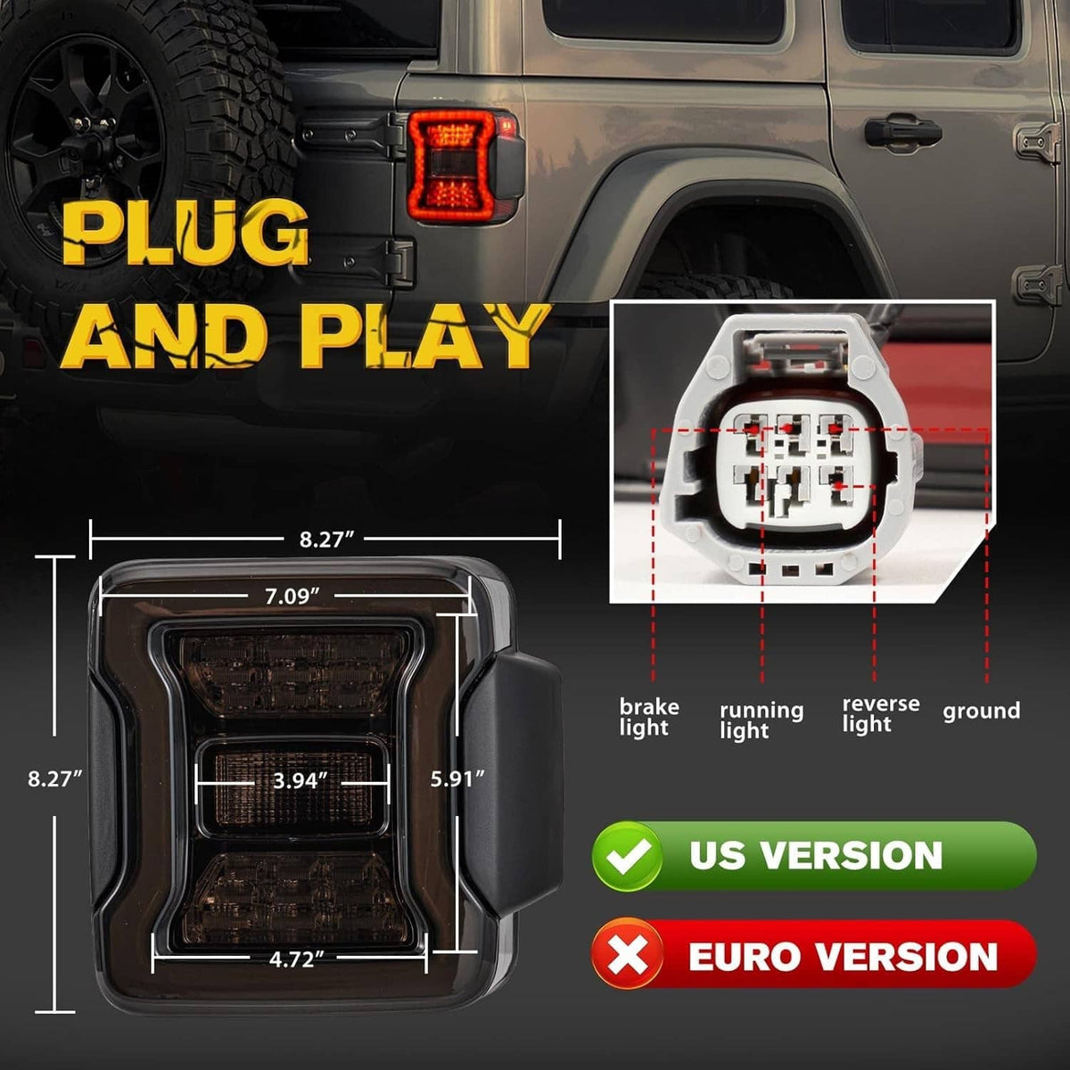 Black LED tail light housing with clear inner module and side mounting tabs shown