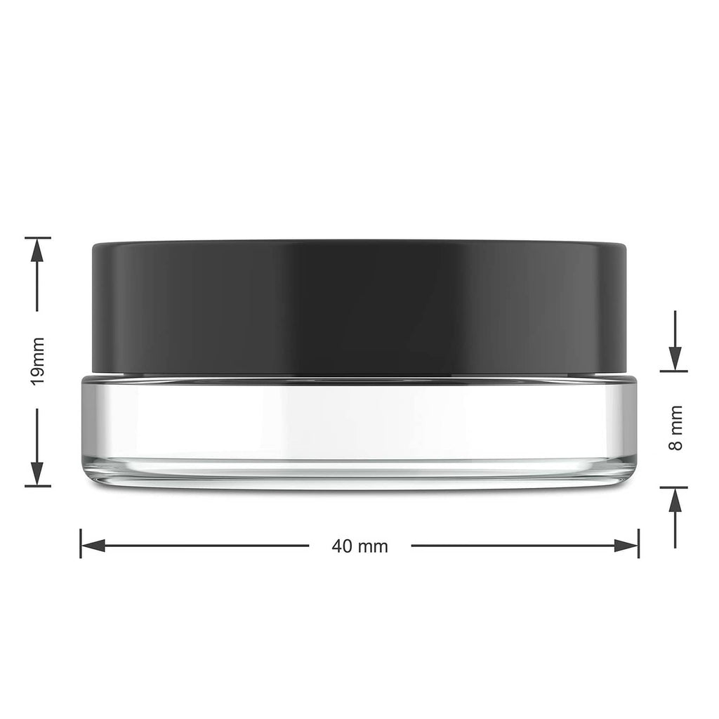 Low-profile glass jar with black lid, size 40mm x 19mm x 8mm