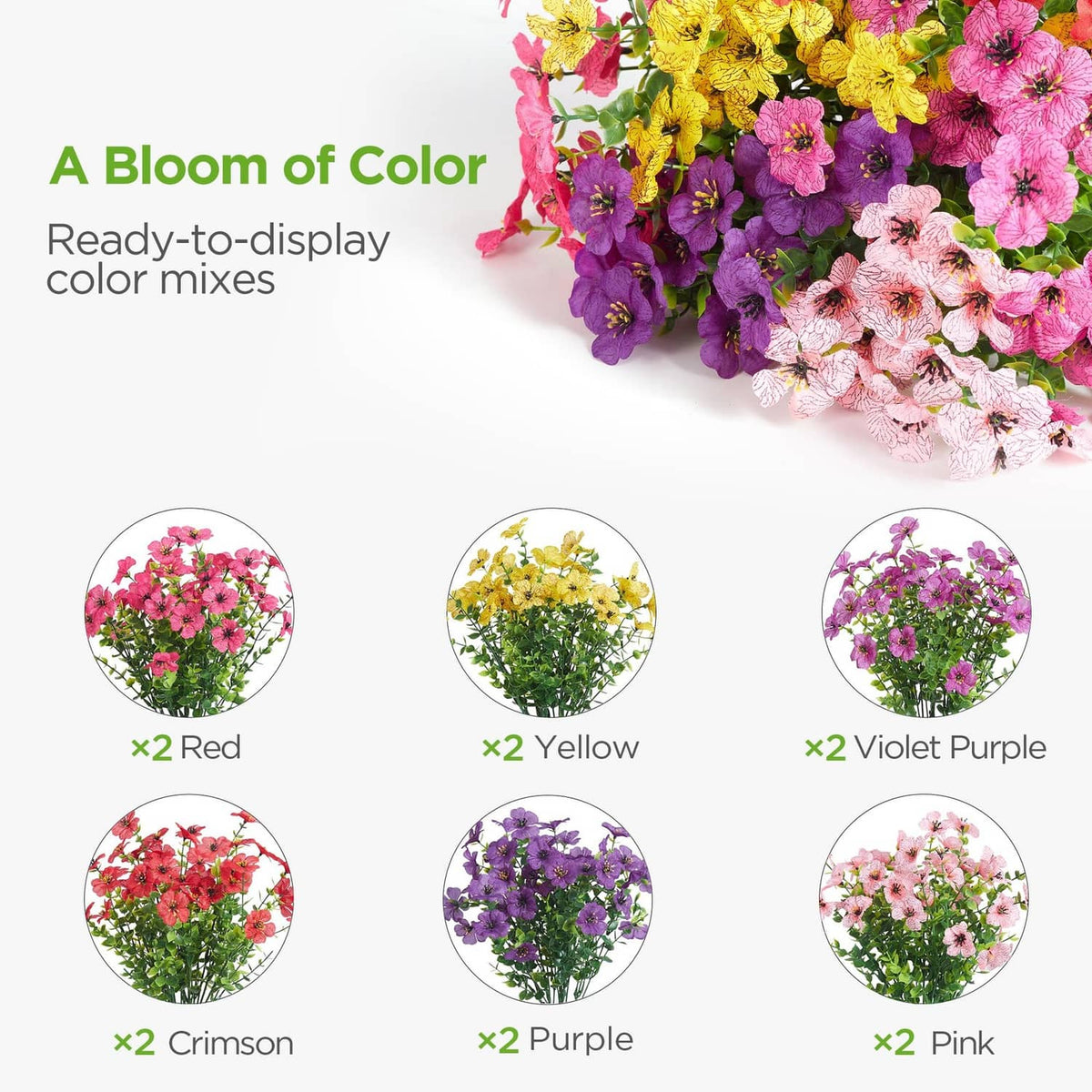 Mixed-color artificial flower blossoms in purple, pink, and yellow on green stems