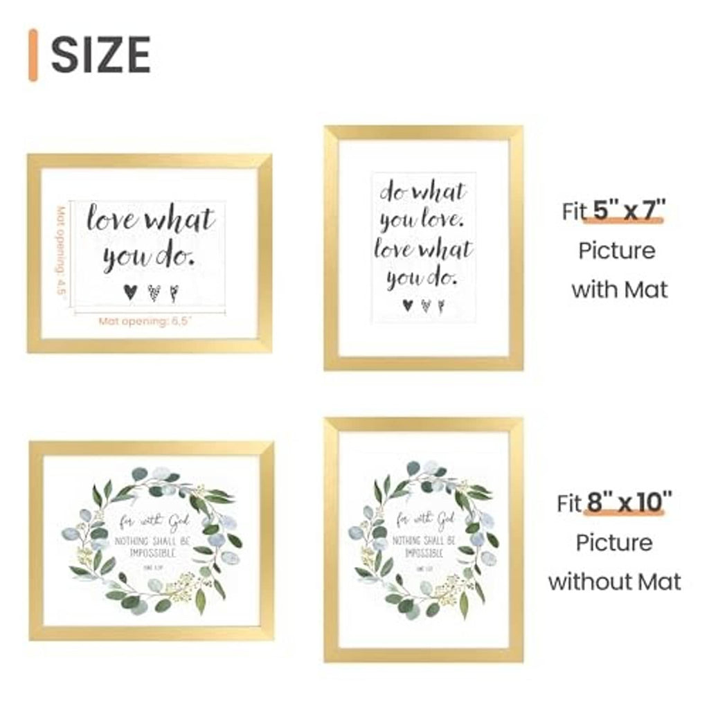 Set of gold picture frames showing 5x7 with mat and 8x10 without mat sizes
