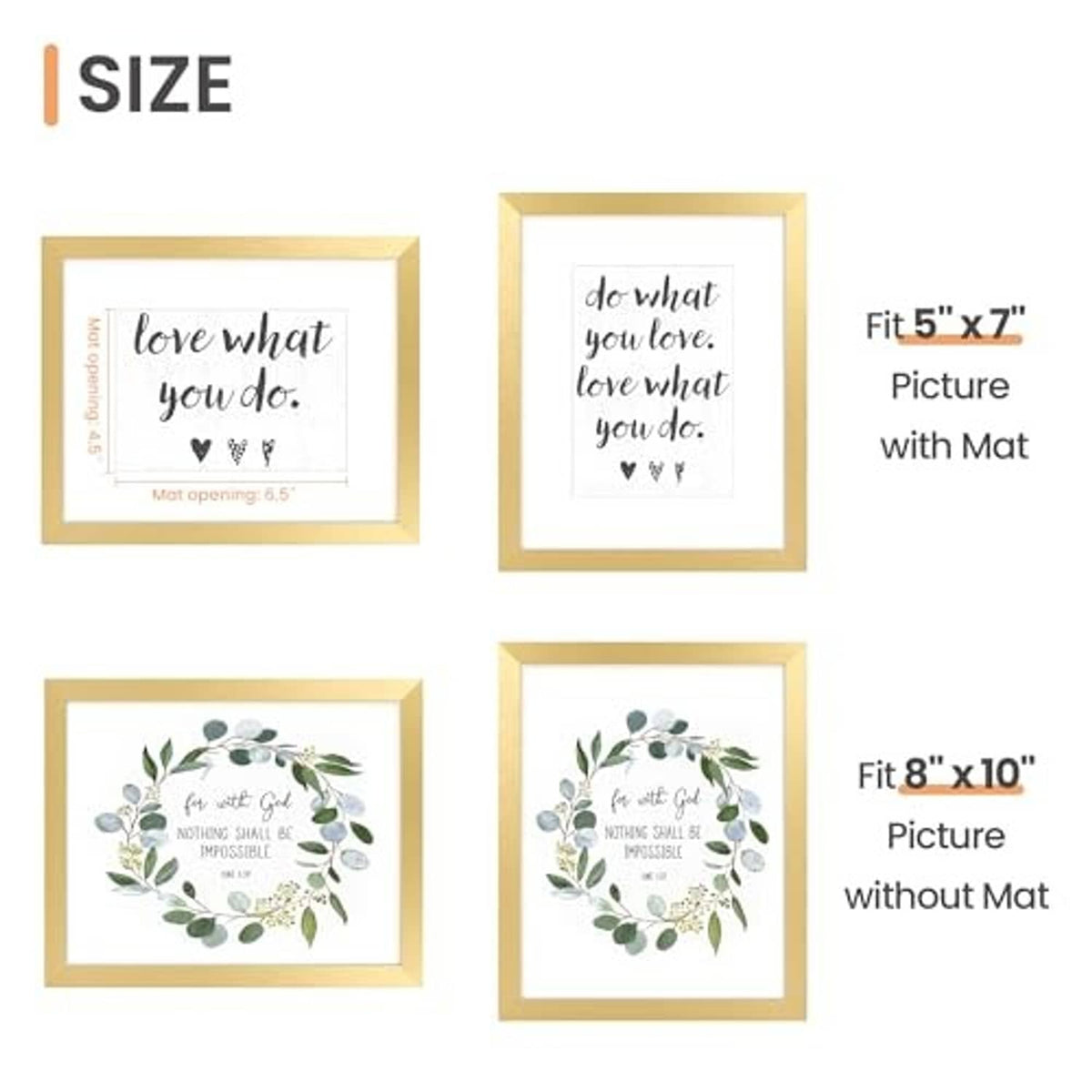 Set of gold picture frames showing 5x7 with mat and 8x10 without mat sizes