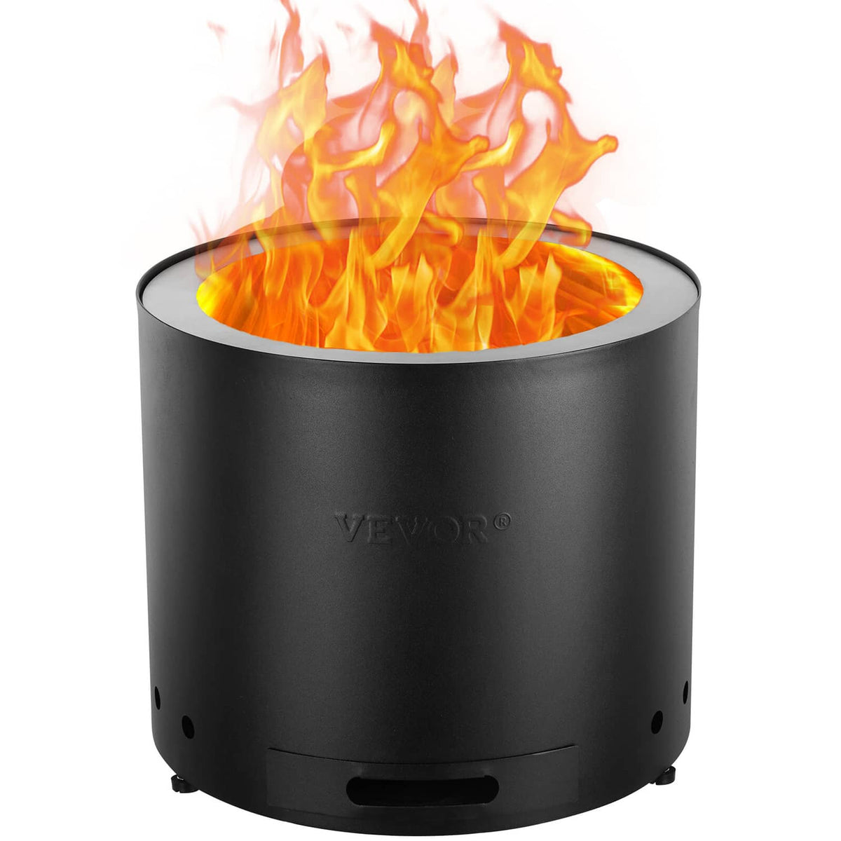 VEVOR smokeless fire pit stove, round black steel body with burning wood flames