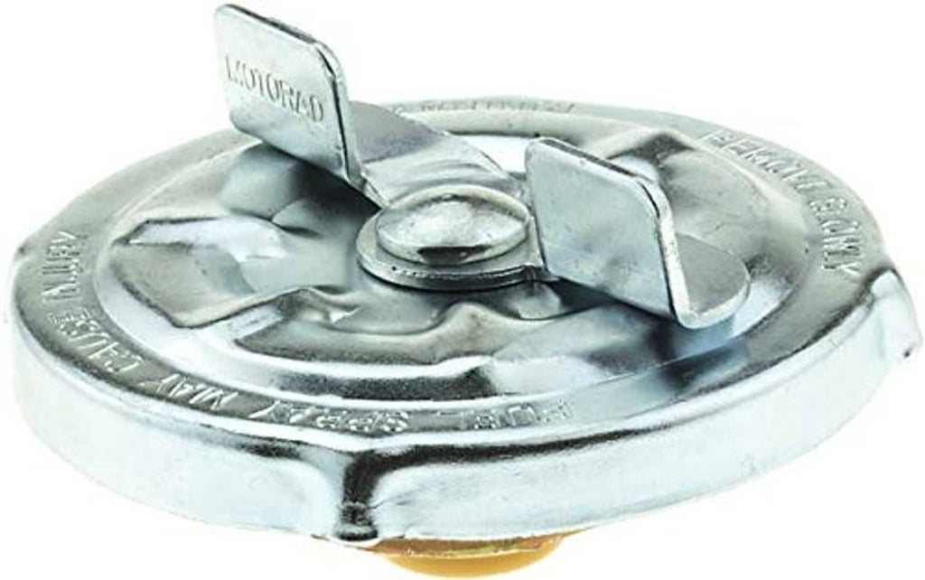 Metal fuel tank cap with raised tab latch and circular rim, shiny chrome surface