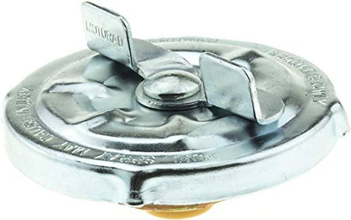 Metal fuel tank cap with raised tab latch and circular rim, shiny chrome surface