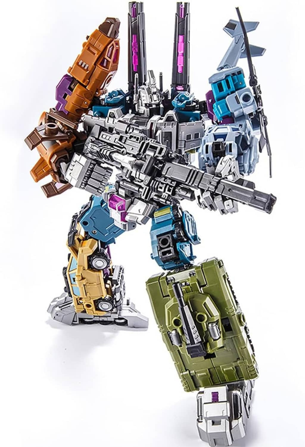 Standing mecha robot set featuring white, blue, green, orange, and purple armor parts