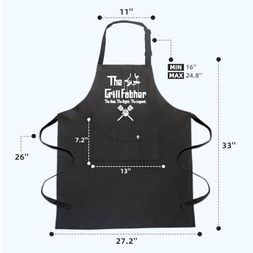 Black apron size diagram with bib width, waist ties, and pocket area measurements
