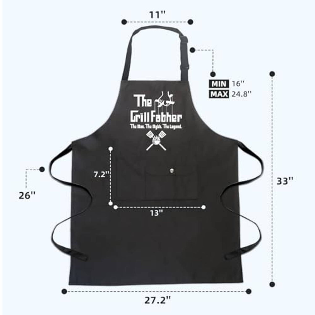 Black apron size diagram with bib width, waist ties, and pocket area measurements