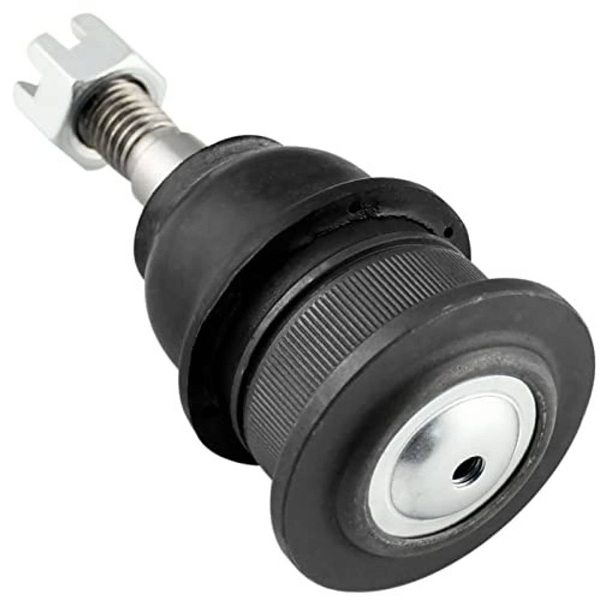 Front upper ball joint with black boot, metal stud, and round base plate