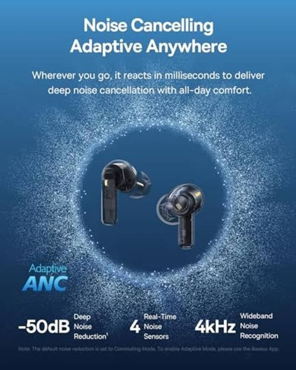 Two black wireless earbuds shown from front, ear tips and charging stems visible