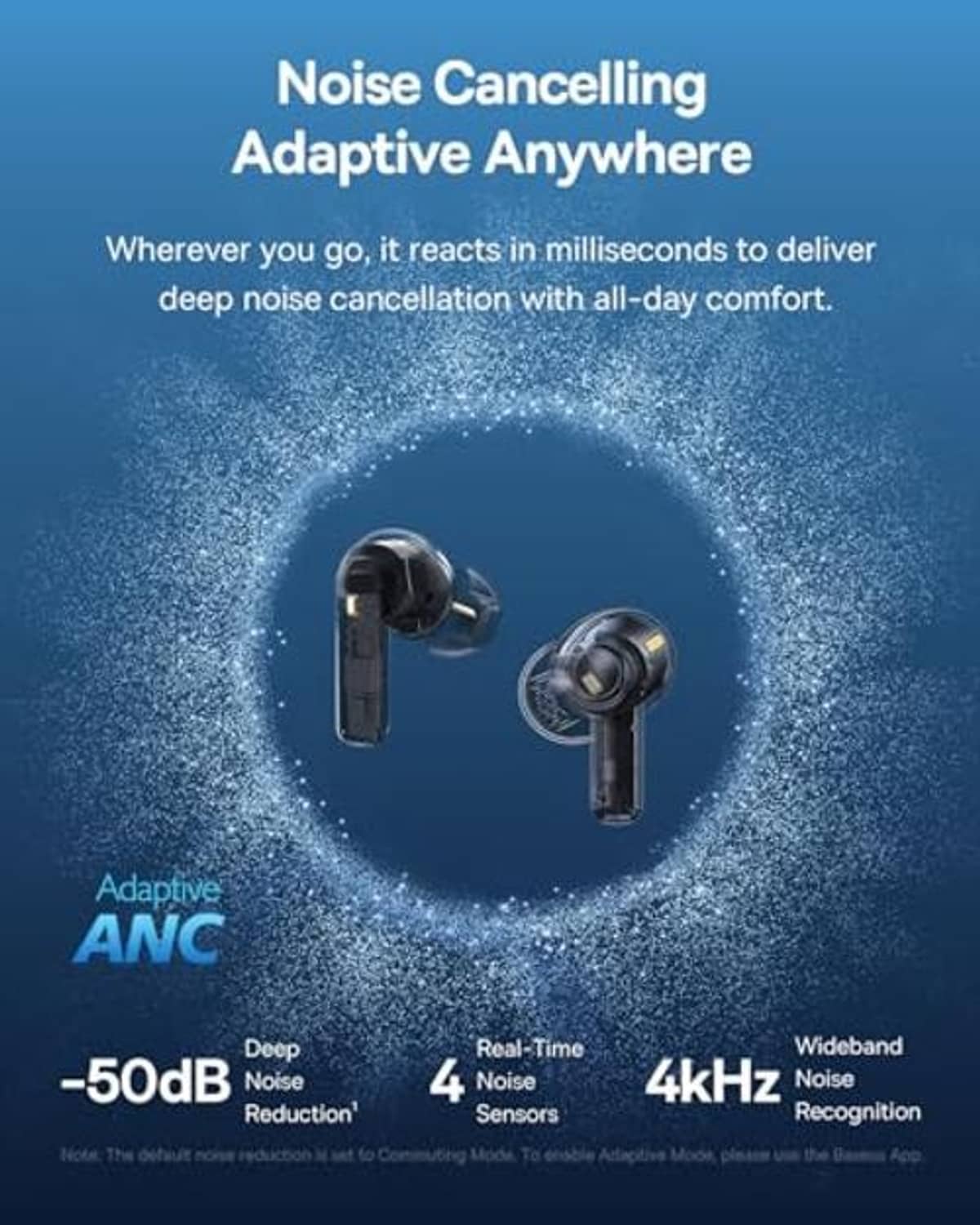 Two black wireless earbuds shown from front, ear tips and charging stems visible