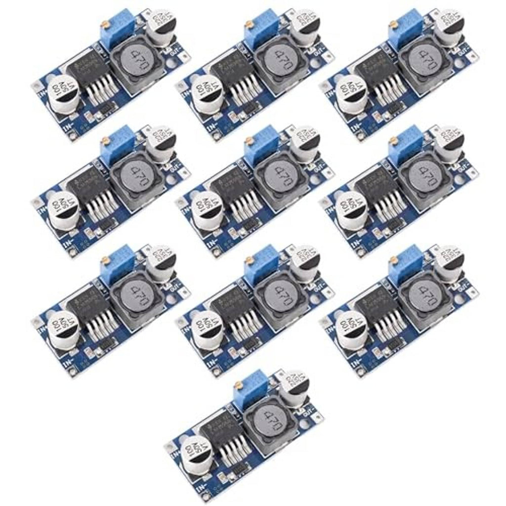 Adjustable step-down regulator modules, 10-pack, blue PCB set shown from above