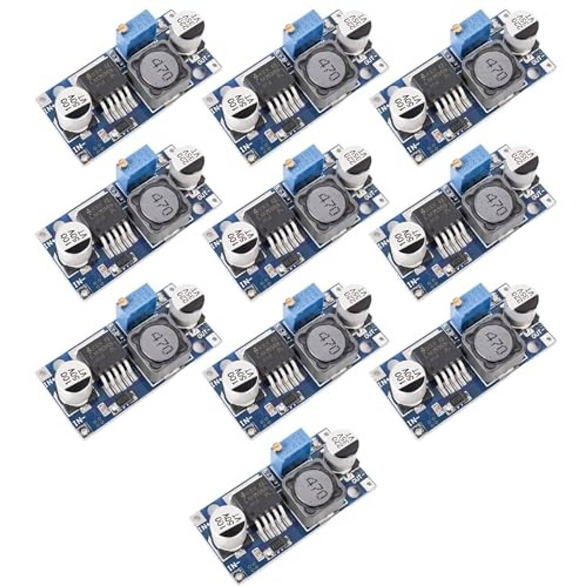 Adjustable step-down regulator modules, 10-pack, blue PCB set shown from above
