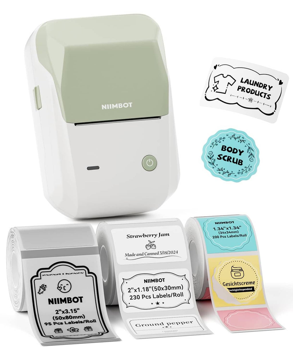 Green and white label maker with label rolls and sample stickers for printing