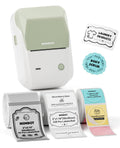 Green and white label maker with label rolls and sample stickers for printing