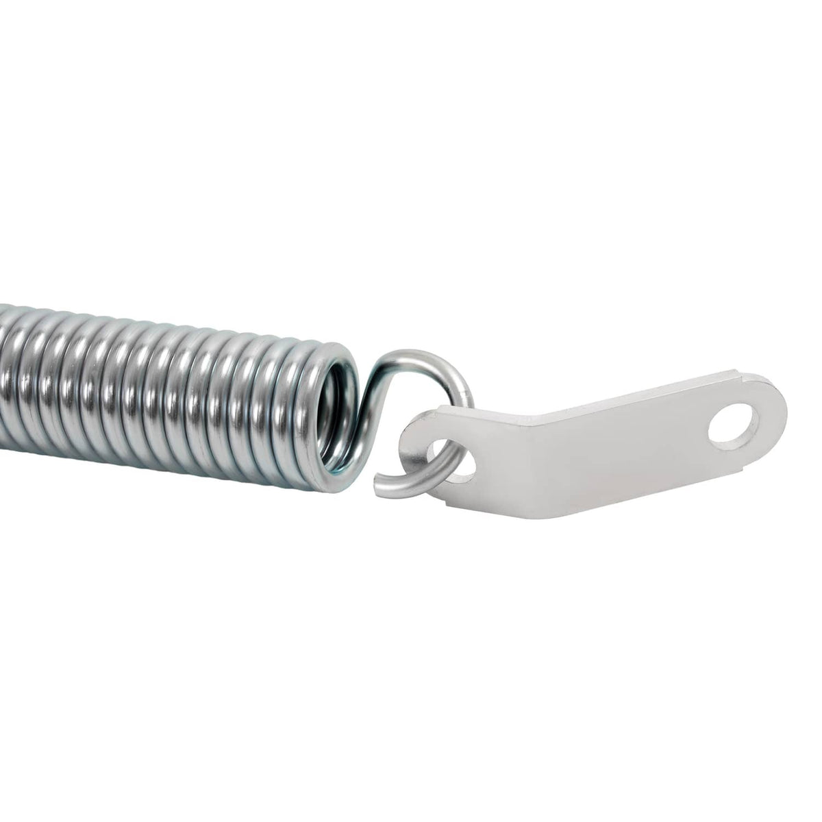 Tailgate lift assist spring end with silver coil and white metal loop mount