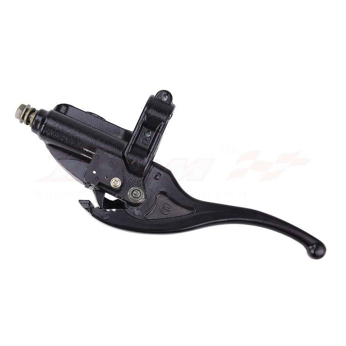 Front right brake master cylinder lever assembly, black body with pivot bracket