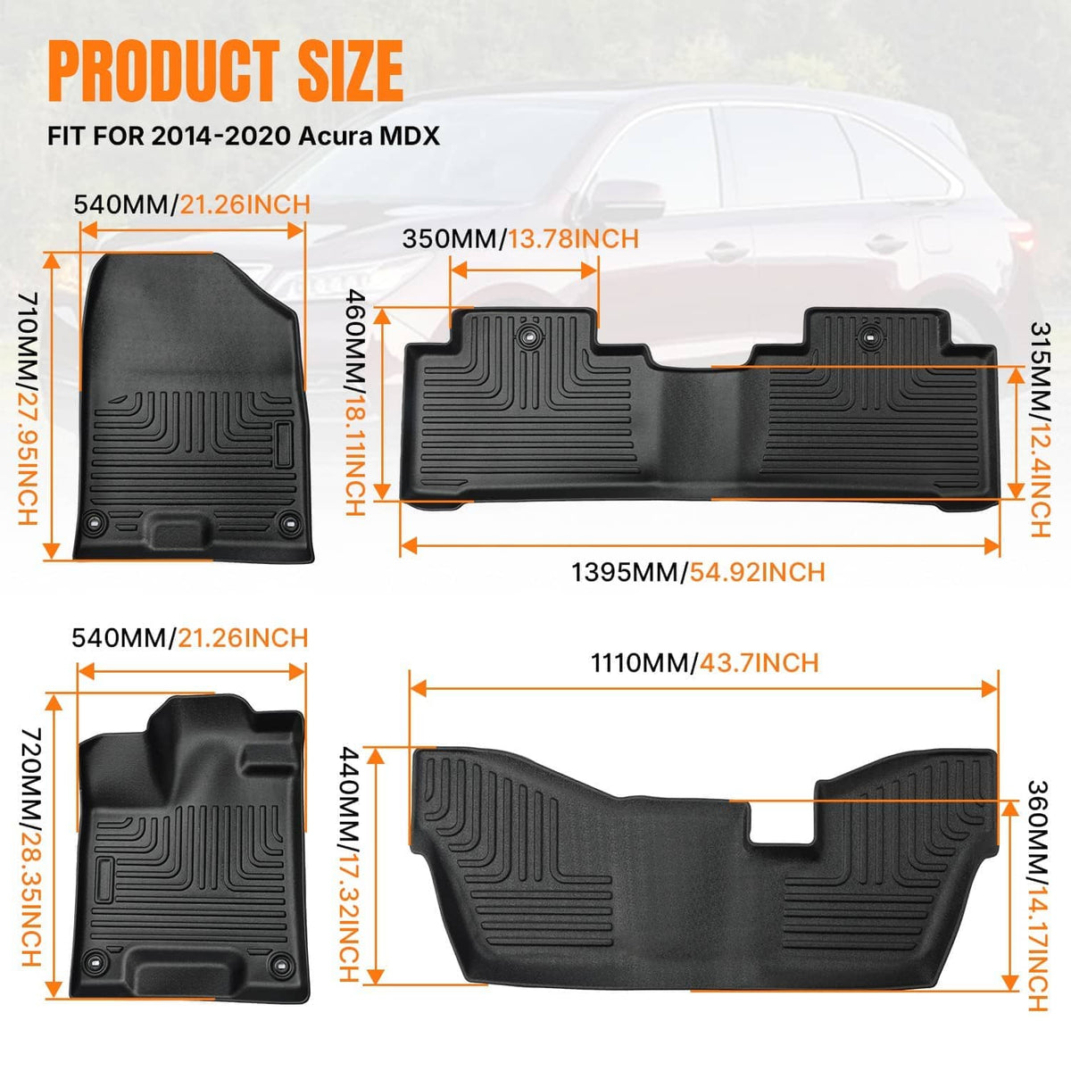 Black all-weather floor mat set layout with raised channels and central opening