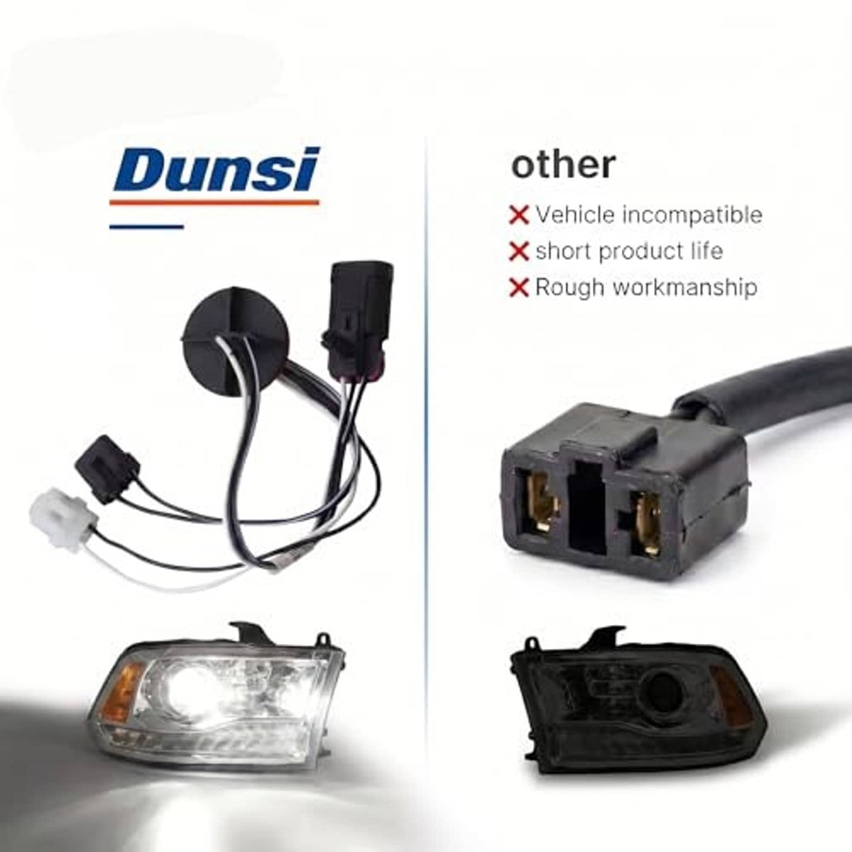 Headlight wiring harness with headlamp connector plugs and black wiring harness