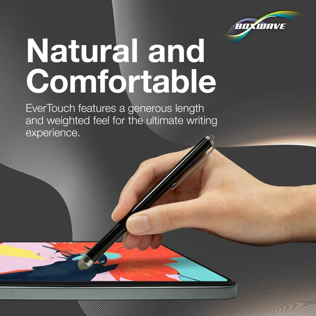Hand holding jet-black capacitive stylus with pen-style metal tip