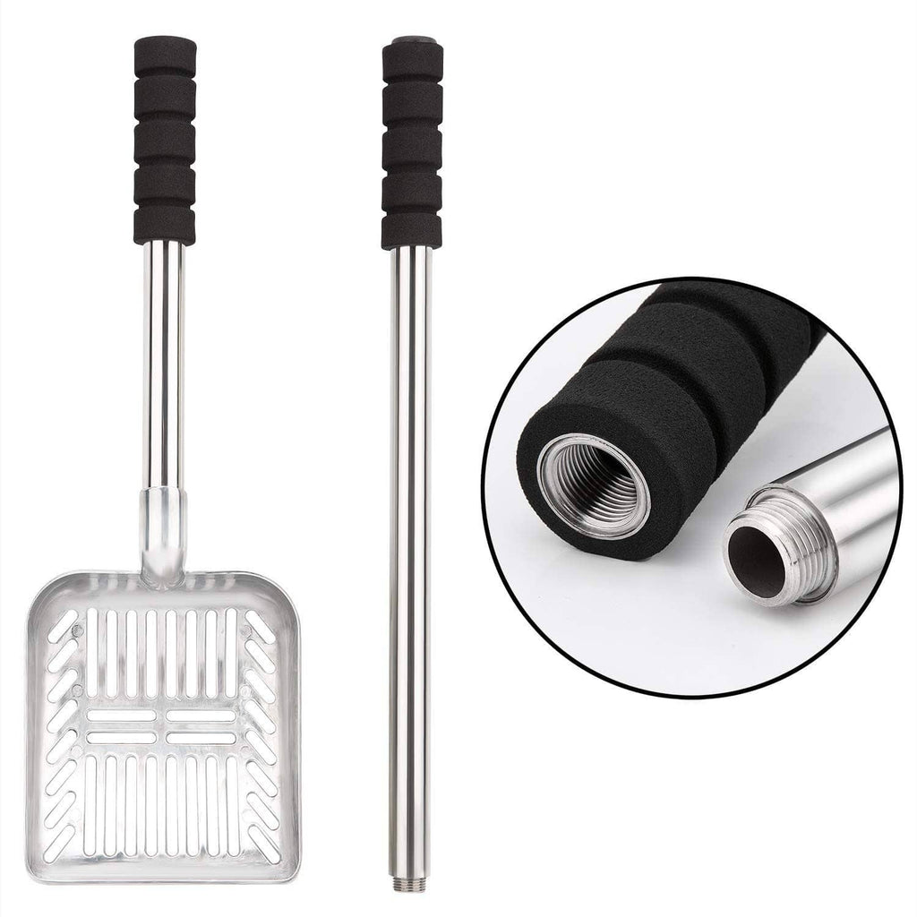 Detachable metal litter scoop set with black foam grip and threaded handle ends