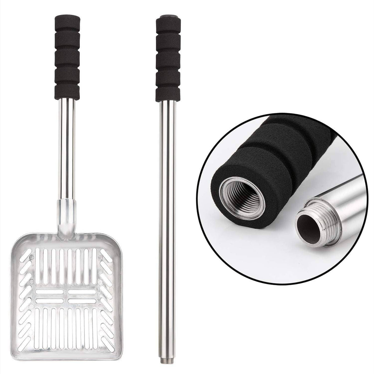 Detachable metal litter scoop set with black foam grip and threaded handle ends