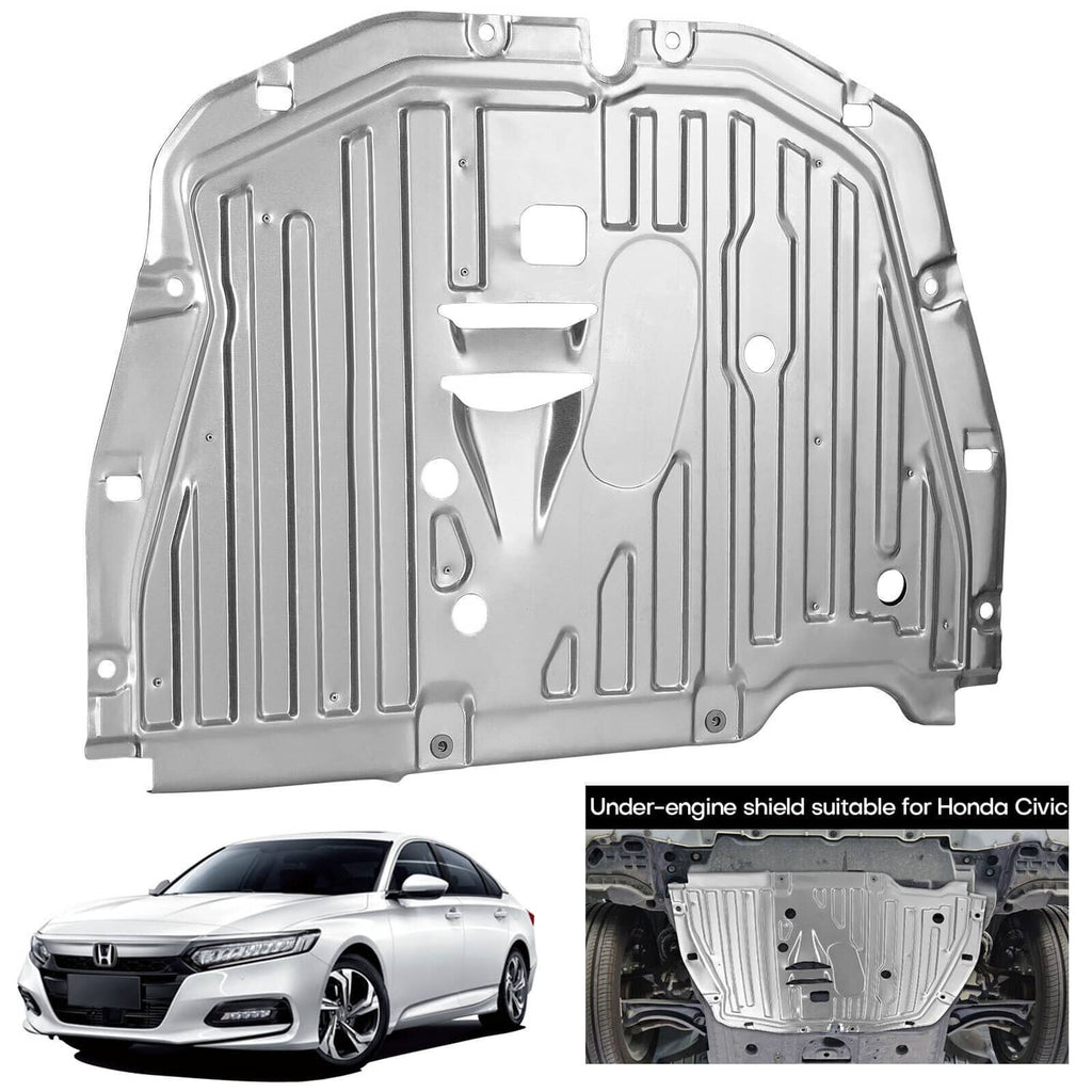 Silver under-engine shield panel with molded channels and mounting holes