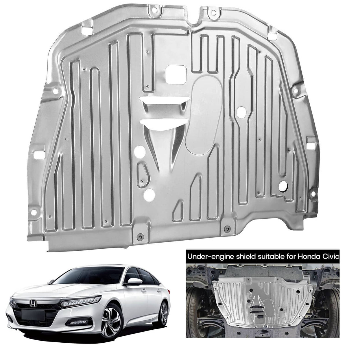 Silver under-engine shield panel with molded channels and mounting holes
