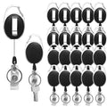 Set of 20 black retractable badge holders with silver carabiner clips and metal key rings