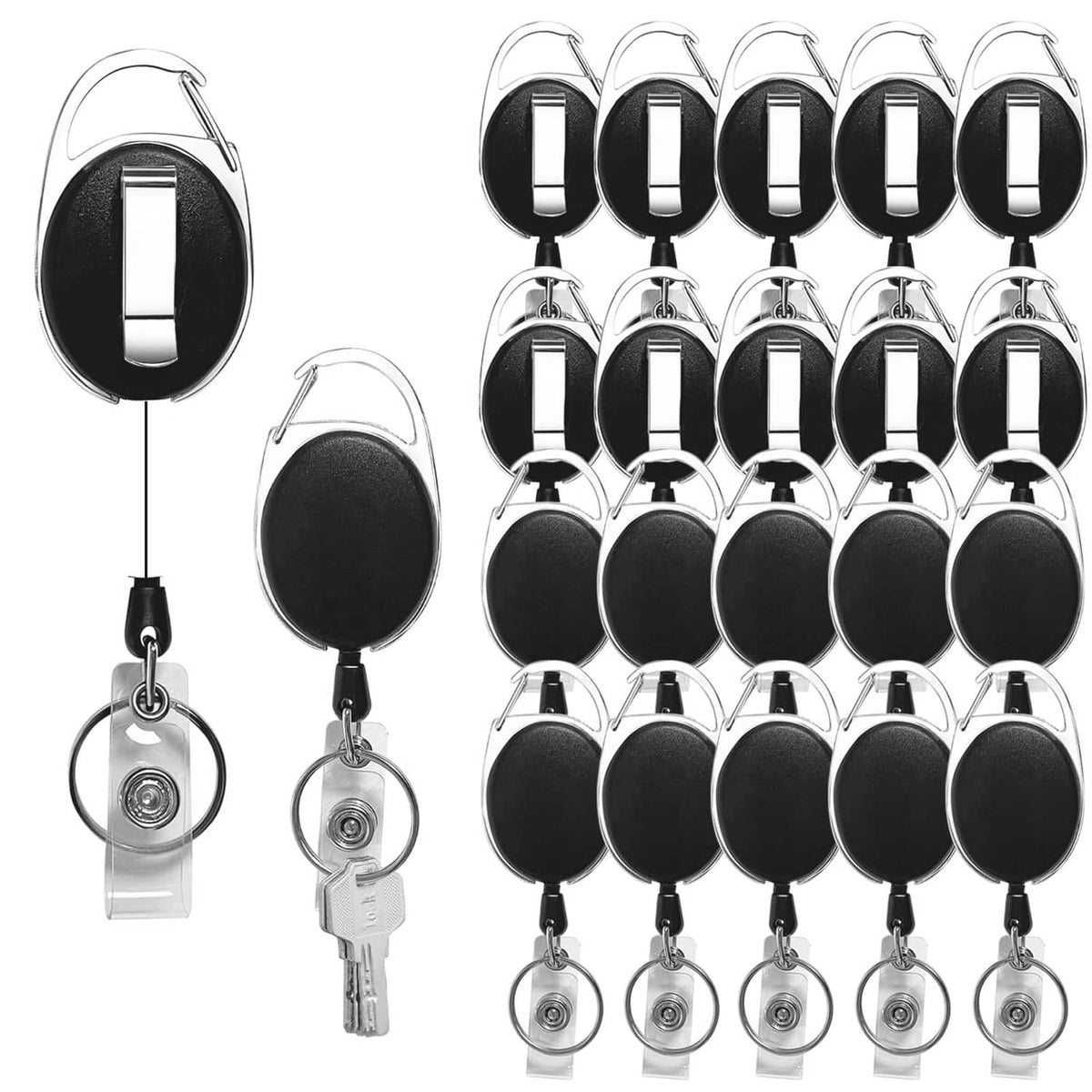 Set of 20 black retractable badge holders with silver carabiner clips and metal key rings