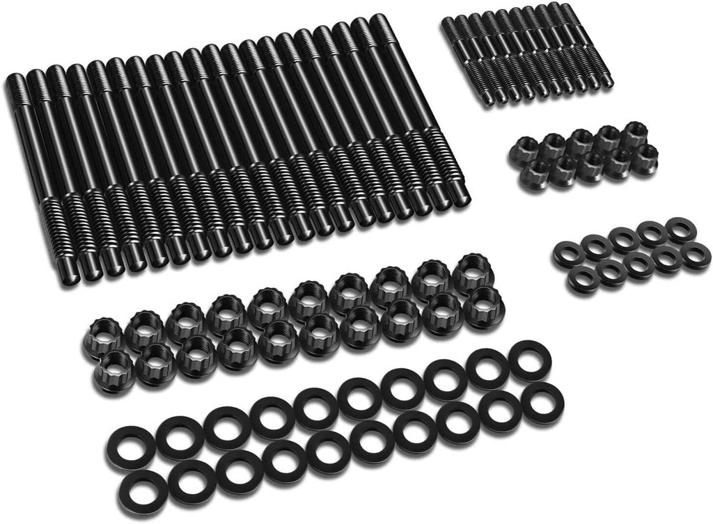 Black cylinder head stud kit with bolts, hex nuts, and multiple washer rings