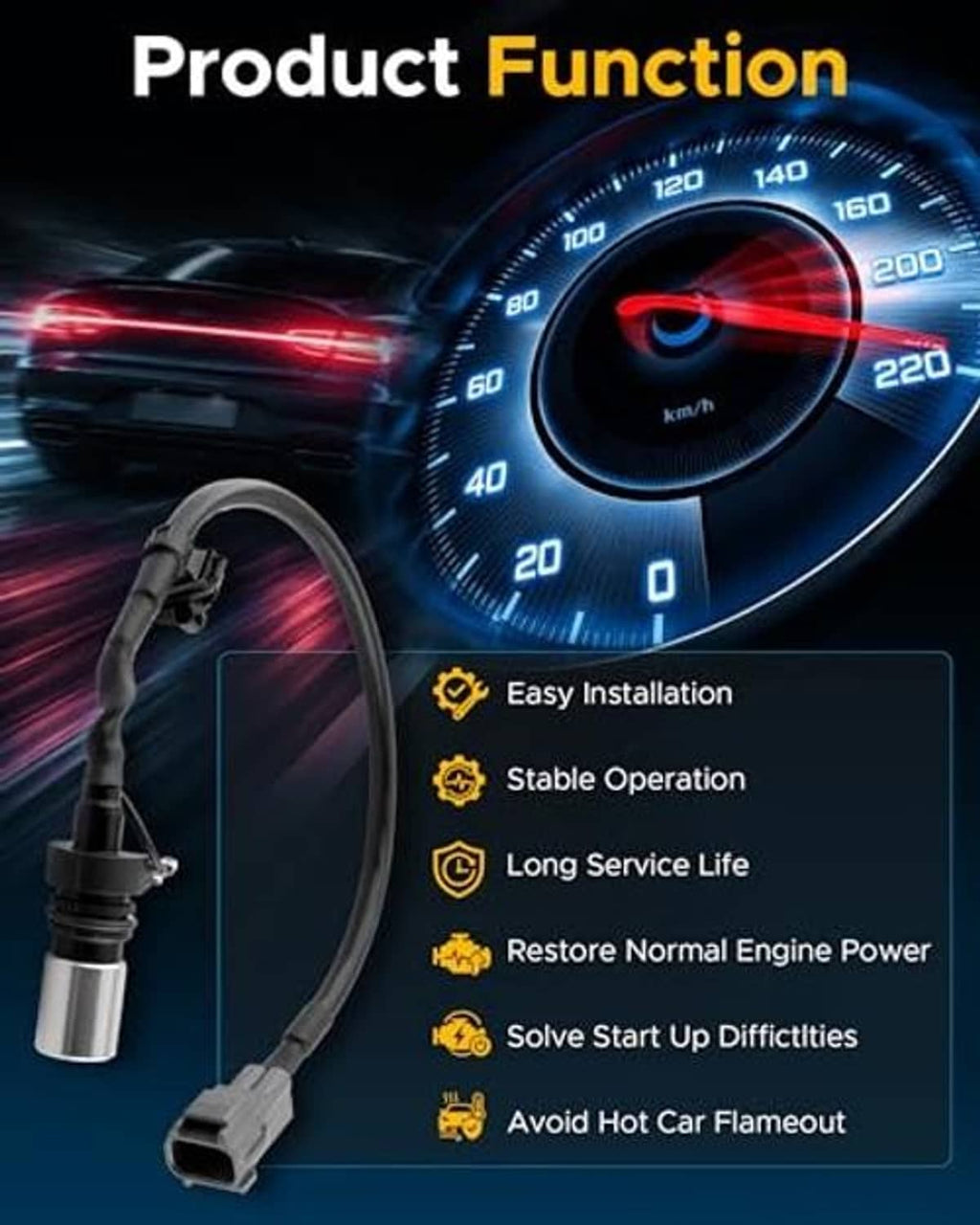 Crankshaft position sensor product function graphic with gauge and install benefits