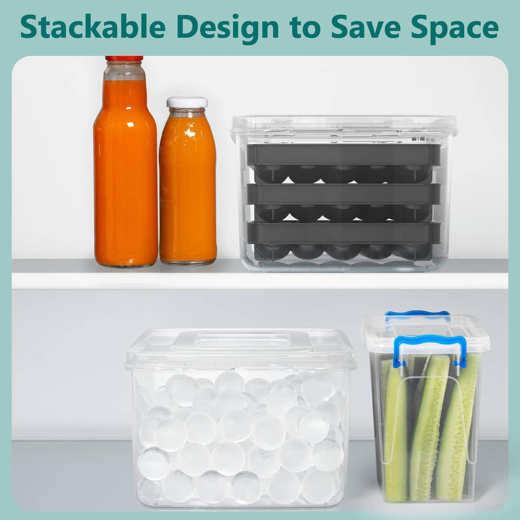 Stackable clear storage bin with black ice cube tray inserts and lids