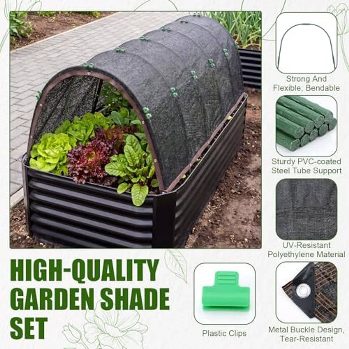 Black garden shade tunnel with green clips and curved hoop frame for plants