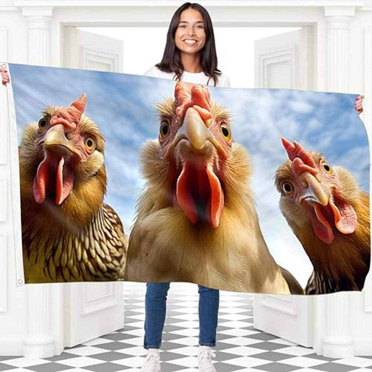 Large double-sided chicken portrait flag with three cartoon chicken faces, held up indoors