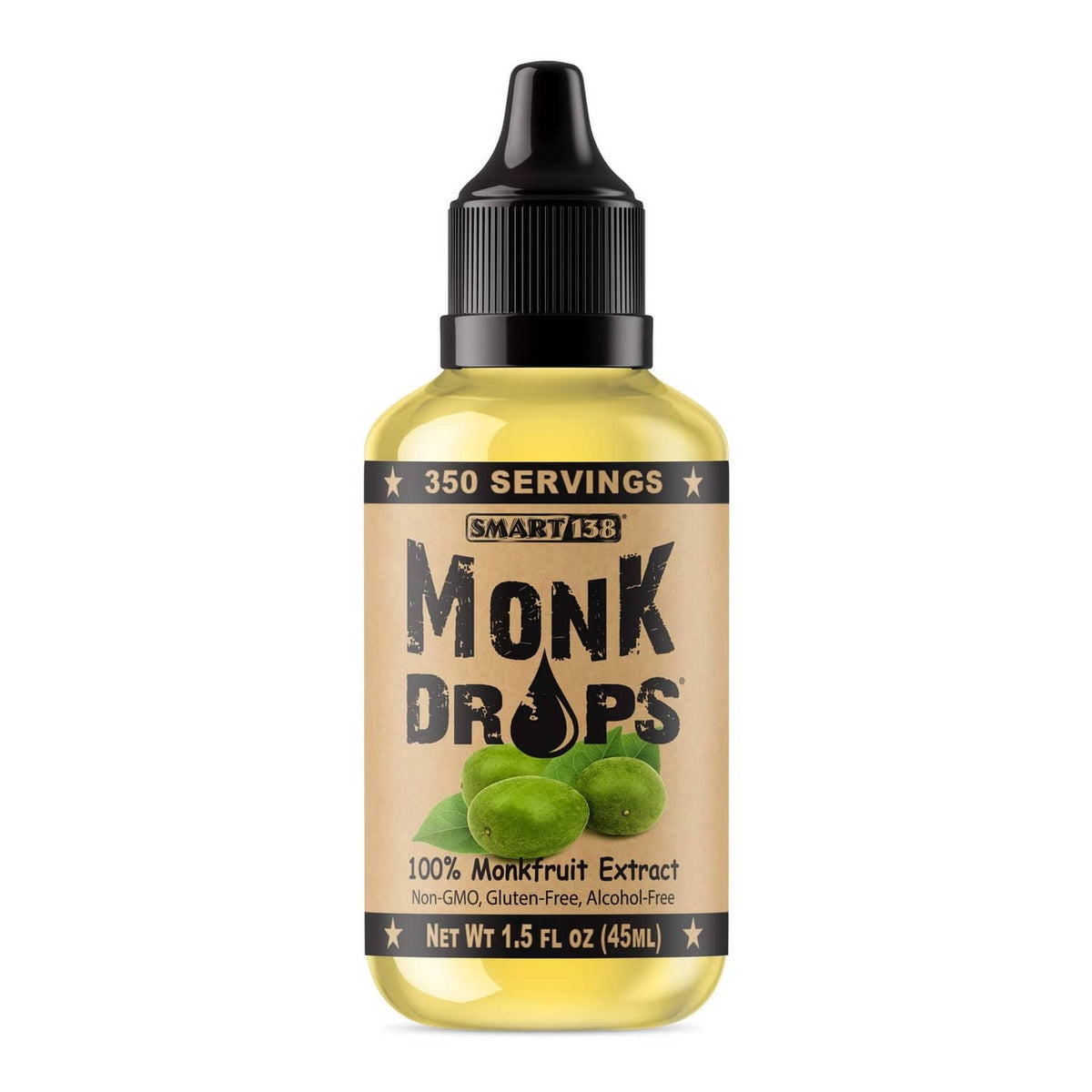 Liquid monkfruit sweetener bottle with black dropper cap and yellow label