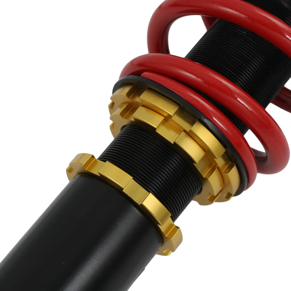 Coilover strut assembly with red spring, black shock body, gold adjustment collar