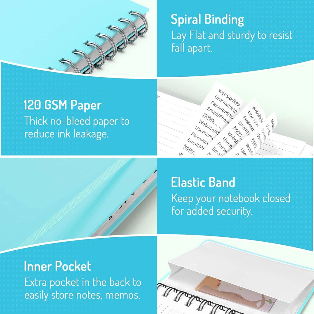 Password notebook features: spiral binding, thick 120 GSM paper, elastic band, inner pocket