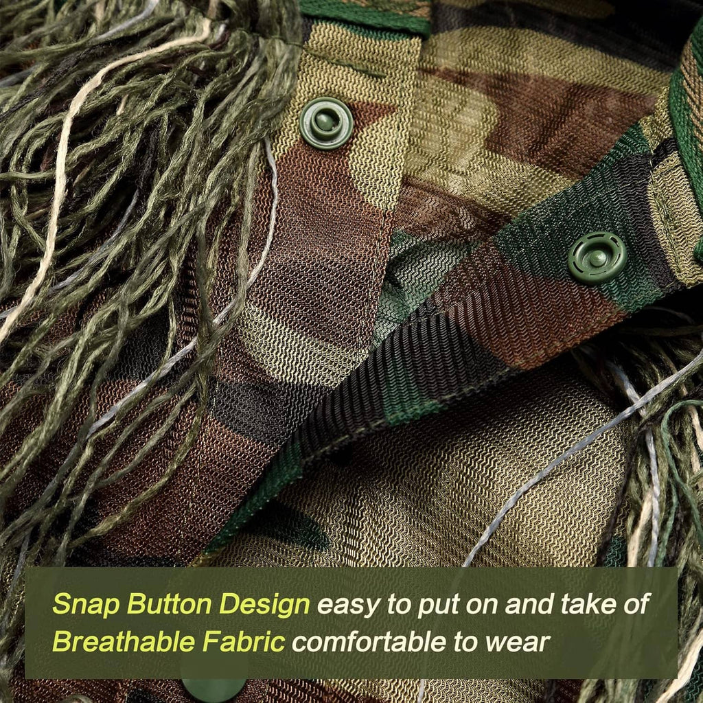 Camouflage ghillie suit snap-button panel with green/brown pattern and hanging fiber fringe.
