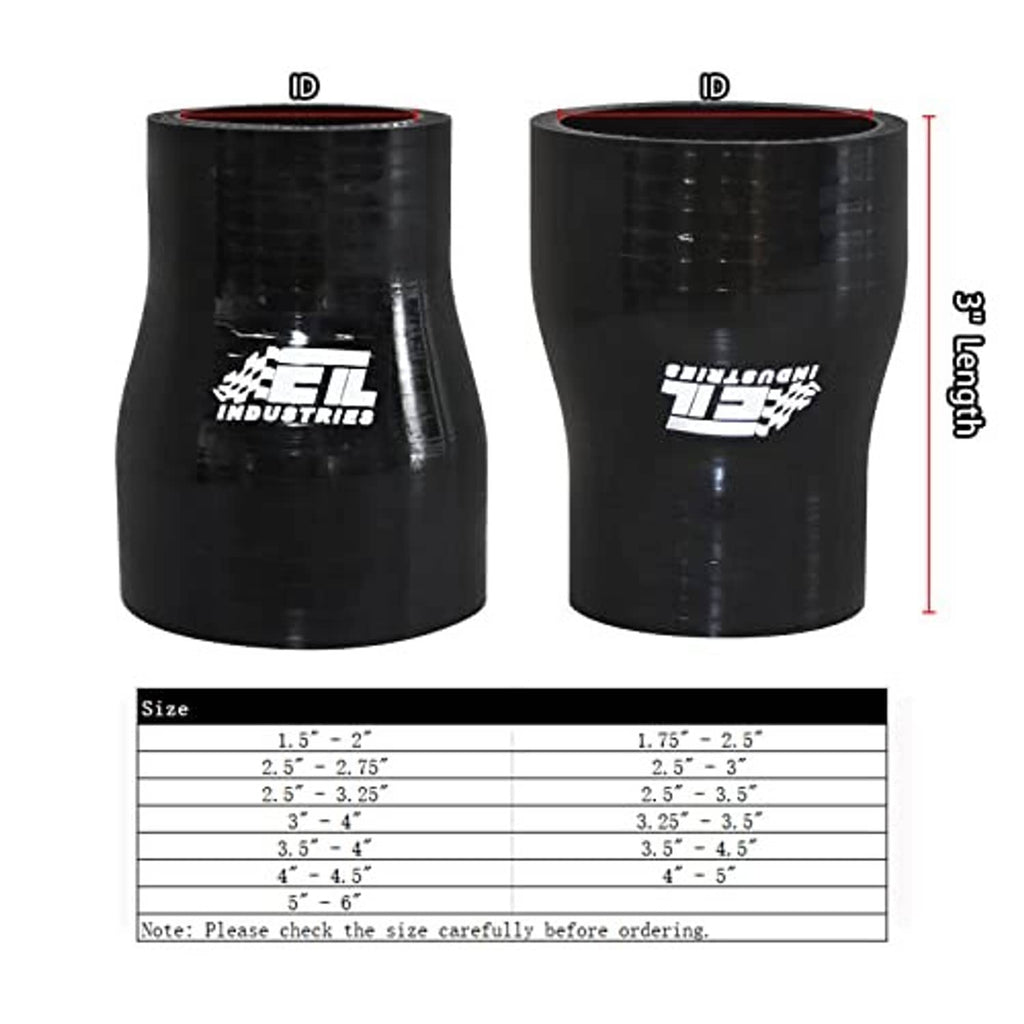 Black silicone reducer coupler pair, shows 3.5 in and 4 in ID ends